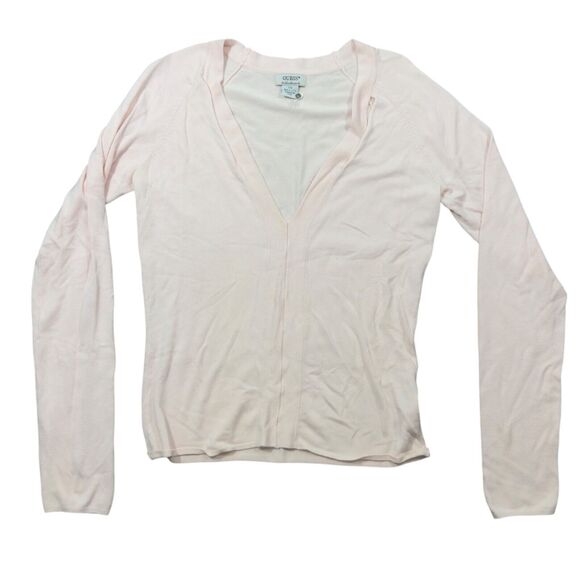 Guess Authentic Sweater Women's Large Pink Knit Cropped V-Neck Thermal Gorpcore - Picture 1 of 8